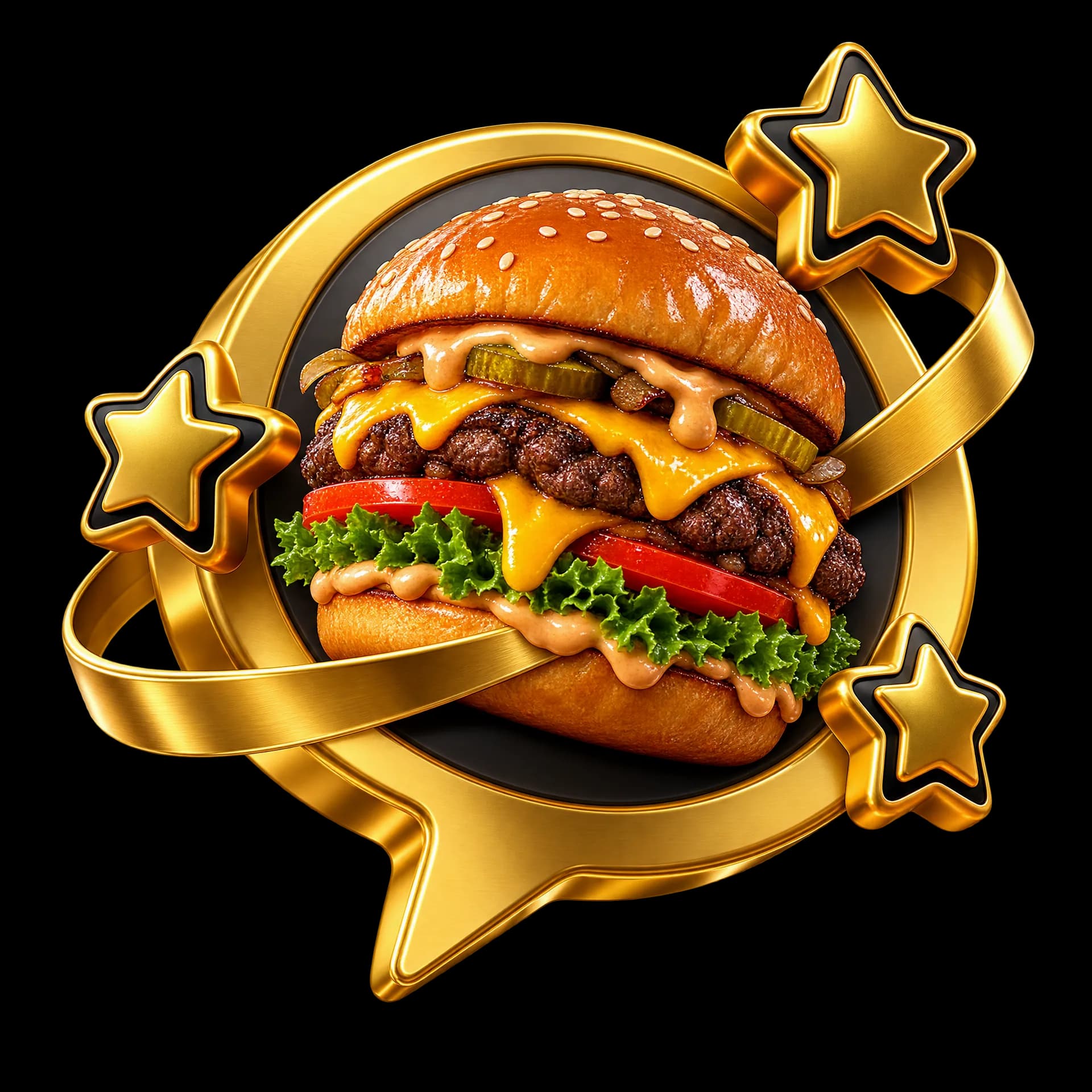 3D golden testimonial badge with a Thugg Burgers smash burger and stars